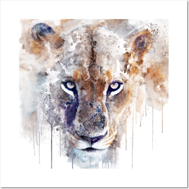 Watercolor Portrait - Lioness Hypnotizing Eyes Staring Back at You Wall Art by Marian Voicu